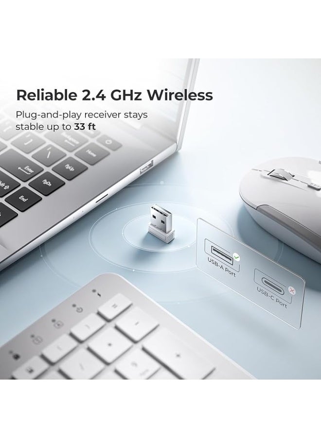 بروماس مجموعة لوحة مفاتيح وماوس لاسلكية - لوحة مفاتيح كاملة الحجم بتصميم مريح مع لوحة أرقام، منفذ USB بسرعة 2.4 جيجاهرتز، نقرة هادئة، 3 مستويات DPI، قابلة لإعادة الشحن، تصميم نحيف متوافق مع ويندوز/ماك، فضي - Image 4